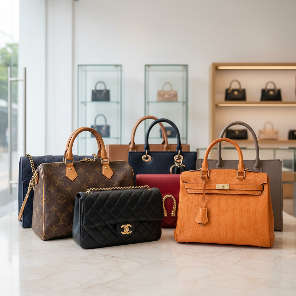 A curated collection of authentic 2手包包 from luxury brands in a Malaysian boutique setting.