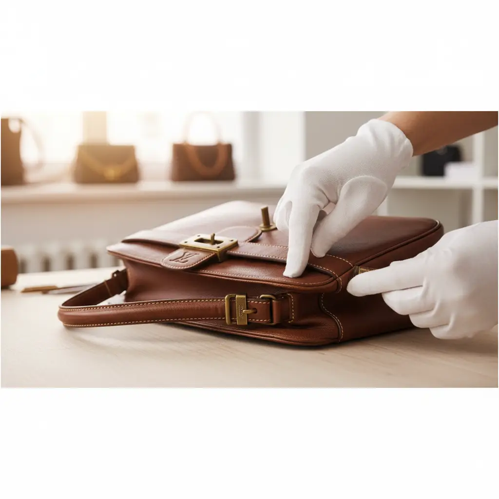 Expert hand inspecting a 2手名牌包包 for authenticity at Boyi & Co