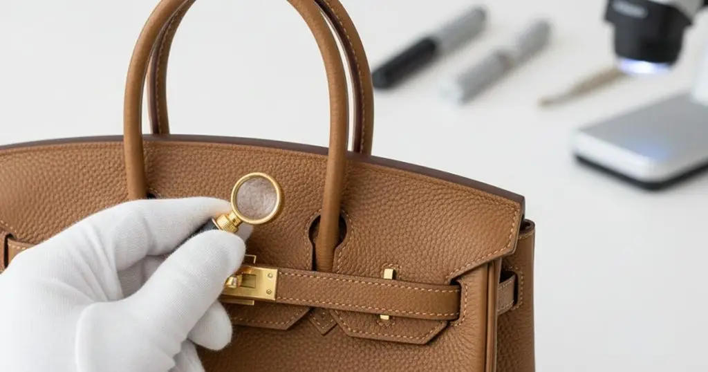 Expert hand inspecting a second-hand luxury bag (二手包包) for authenticity in Malaysia