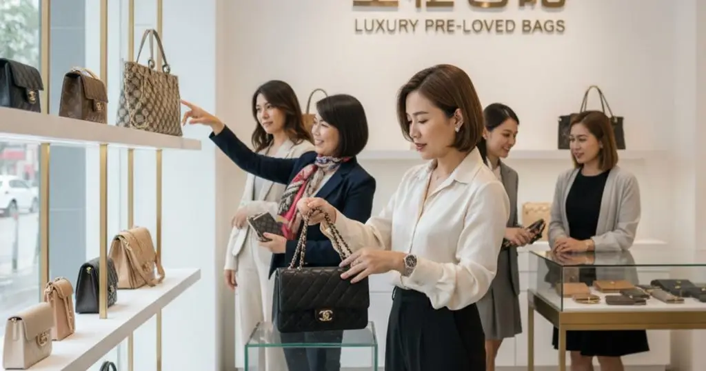 Malaysian women examining luxury 二手包包 (second-hand bags) in a boutique